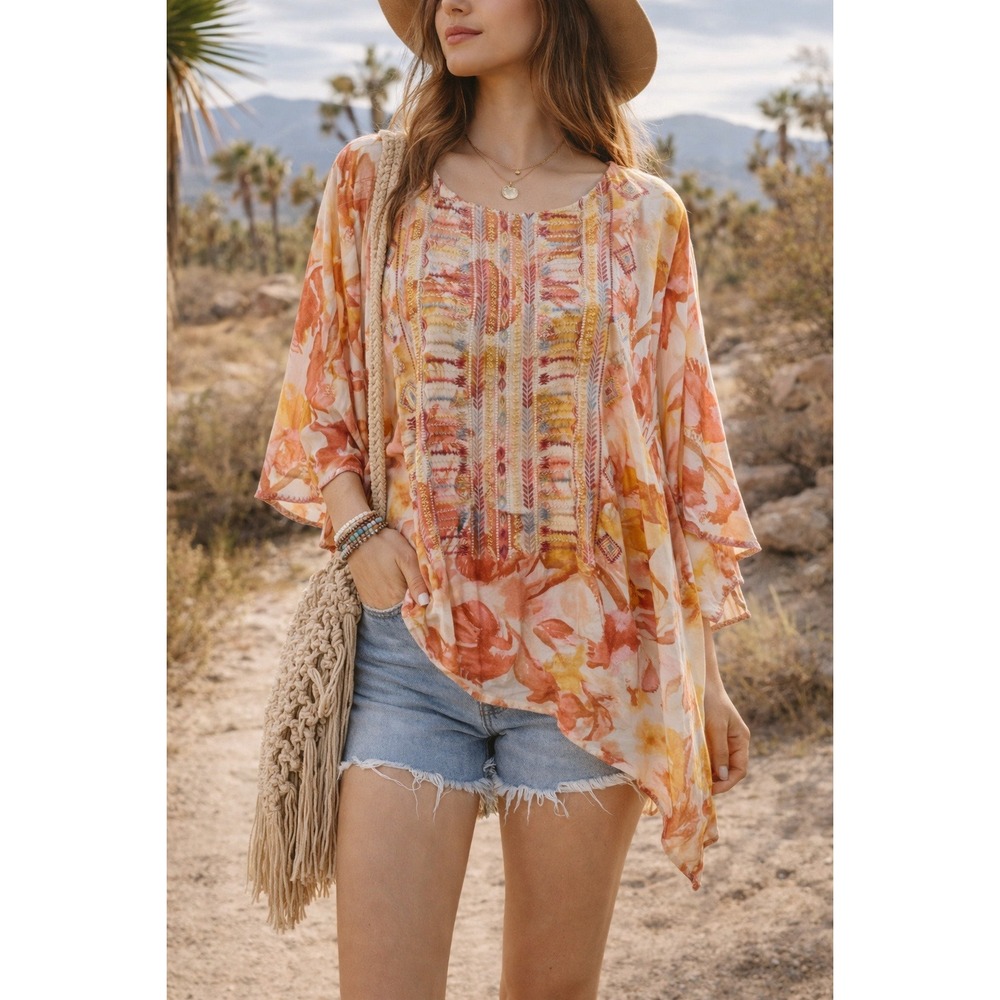 Savanna Jane Womens Watercolor Floral Top Small Boho Flowing Artisan Cottagecore
